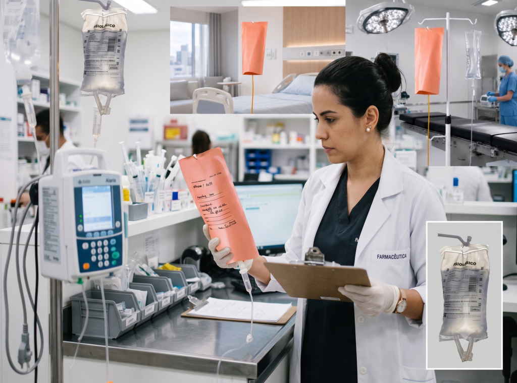 Profissional de farmácia hospitalar avaliando bolsa de infusão com capa para medicamentos fotossensíveis.