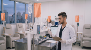 Enfermeira avaliando medicamentos fotossensíveis na enfermagem antes da infusão em bolsa com capa protetora âmbar.